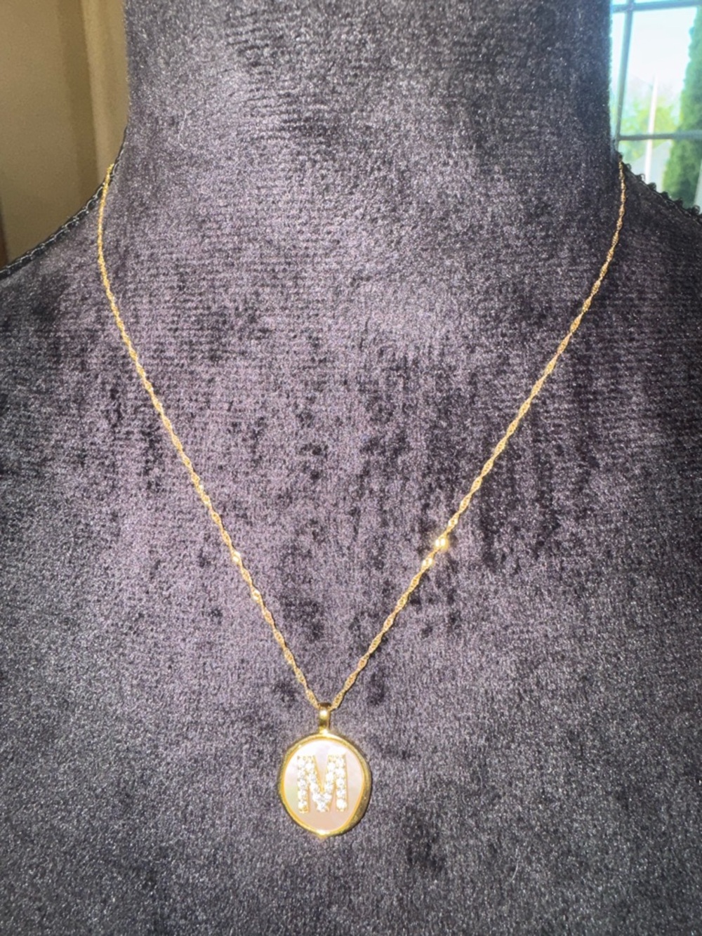 Gold Initial M Pendant Necklace Mother of Pearl/CZ